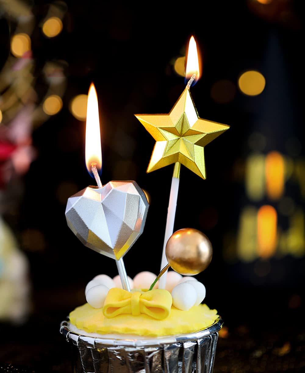 Star Shaped Birthday Candle,Metallic Multicolor 3D Design Cake Candles,Creative Fun Long Thin Wedding Birthday Candles Set,Party Supplies,Cake Decoration (Silver) BST326L