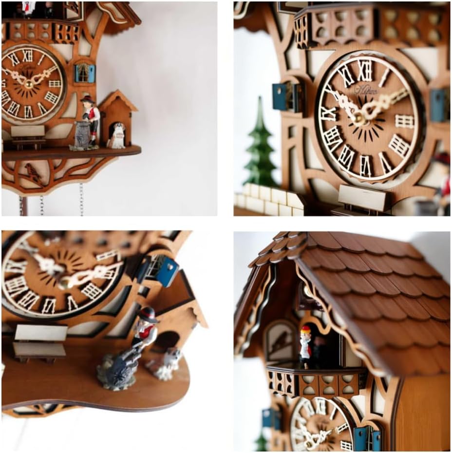 Black Forest Wooden Cuckoo Clock with Dancing Figures, Quartz Wall Clock | Nature Wood; Volume Control; Night Silent DD1210