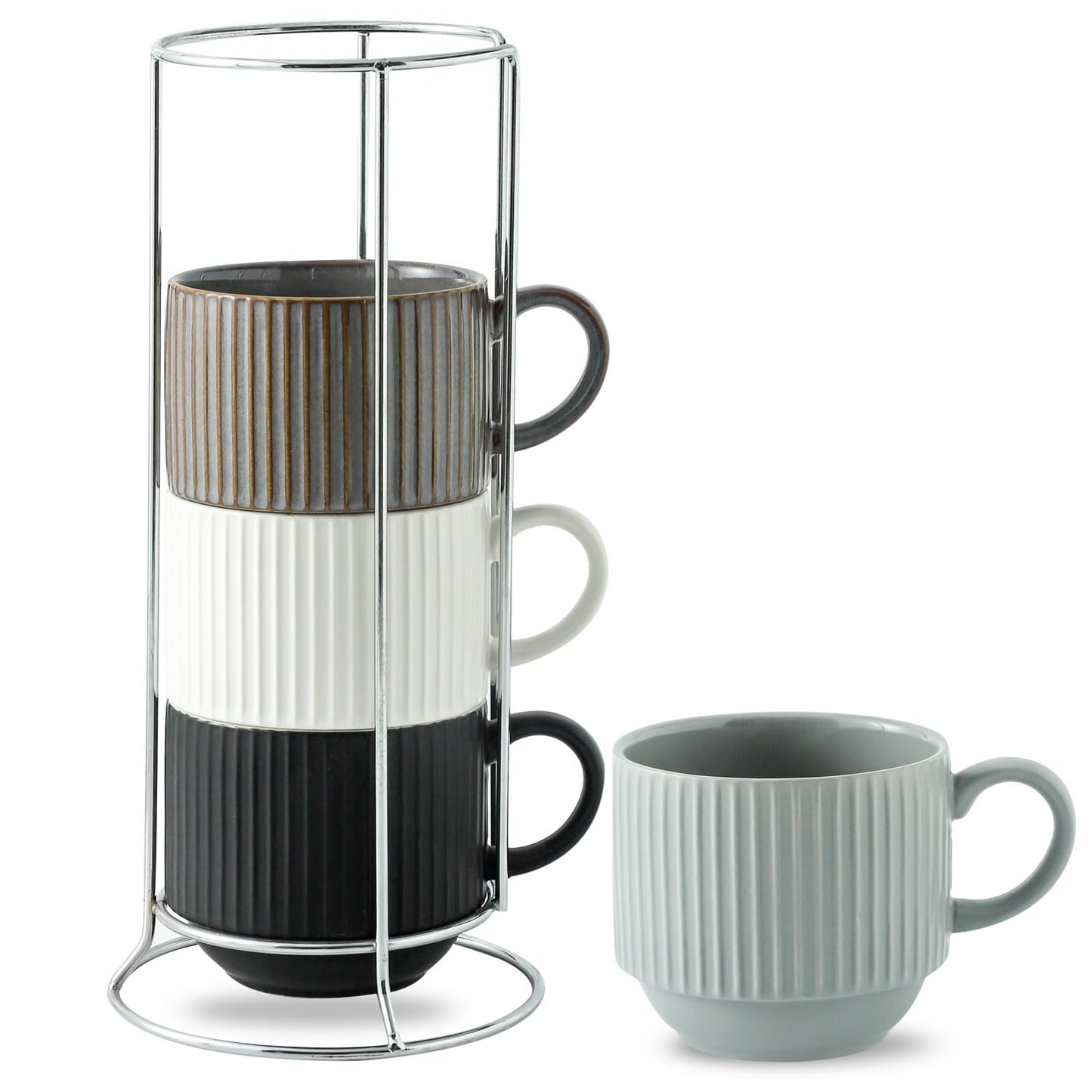 HASENSE 15 oz Ribbed Stackable Coffee Mug Set of 4, Porcelain Latte Cups with Metal Rack, Dishwasher & Microwave Safe, Cappuccino Tea Hot Cocoa, White BST220