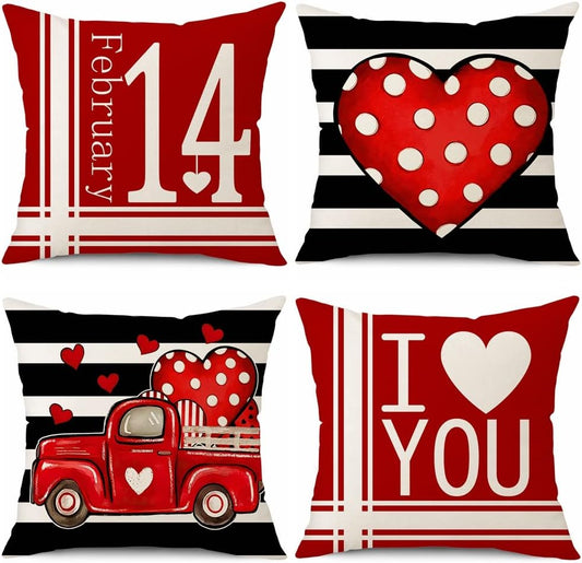 Valentines Day Pillow Covers 18x18 Set of 4 Polka Dot Love Heart Stripe Red Truck Linen Cushion Covers Square Valentine's Day Decoration Pillowcase for Sofa in-Outdoor Home Décor BST326L