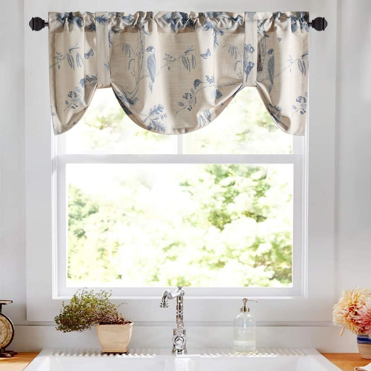 Leeva Tie Up Valance for Windows, Elegant Birds Pattern Light Filtering Window Treatment Valances for Bedroom Kitchen, One Panel, 52 x 18, Light Blue BST220