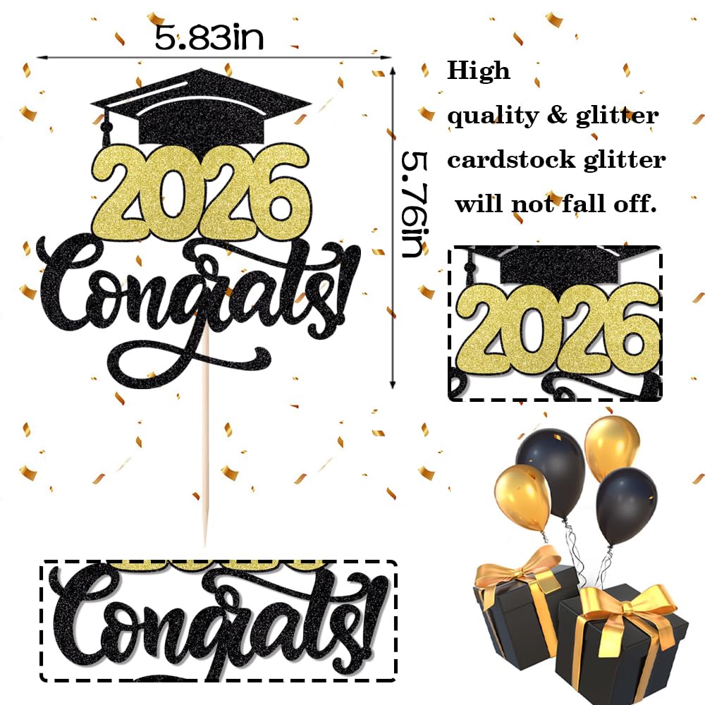 24Pcs Graduation Cupcake Topper, Glitter Class of 2026 Cupcake Topper Supplies for 2026 Congrats Grad Cap Diploma Cake Decor Graduate Celebration Party Cake Decorations Supplies (Black - 24) BST326L