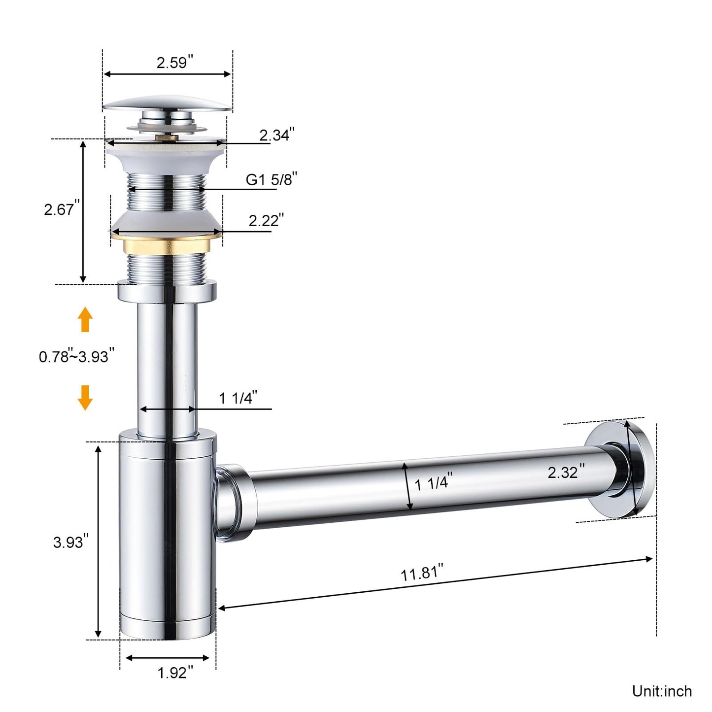 Solid Brass Adjustable 1-1/4 Bottle Trap with Overflow Drain Stopper Set, Bathroom Sink P-Trap Complete Set Sink Drain Kit Tube, Antique BST220