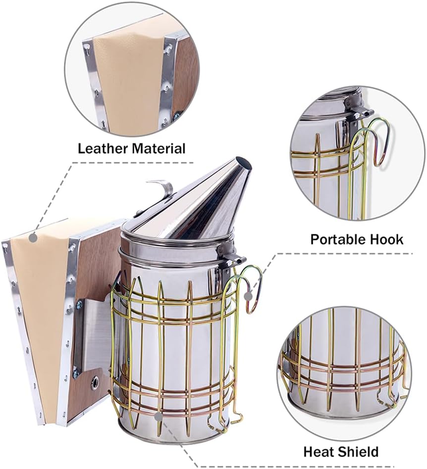 POLLIBEE Bee Smoker Stainless Steel Smoker Kit with Heat Shield Bee Hive Tool J Hook Beekeeping Supplies and Beekeeper Tool Set WN420