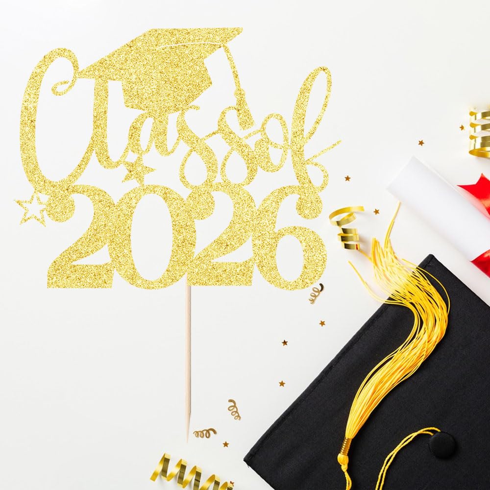 Class of 2026 Cake Topper | Gold Glitter Grad Cap Cake Pick-Boys Girls primary school High School College 2026 Graduation Theme Party Cake Decor Supplies BST202
