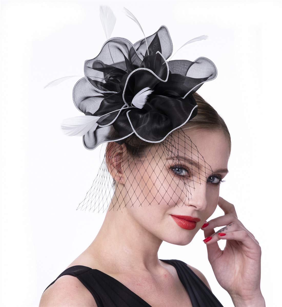 SAFERIN Fascinators Hat Flower Mesh Ribbons Feathers on a Headband and a Clip Tea Party Headwear for Girls and Women WN420