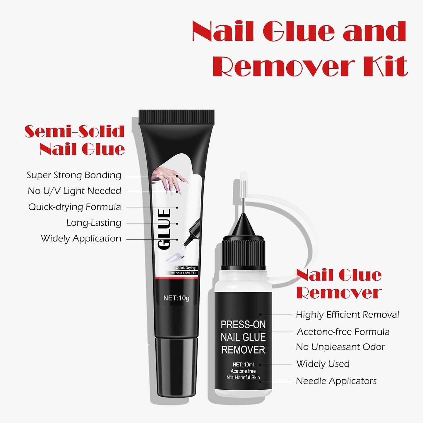 Semi-Solid Glue and Remover Kit with Stick for Press ons, No U/V Light Needed Quick Dry Fake Nail Tips Glue and Non-Acetone Remover with Precision Tips (10ml+10g) WN420