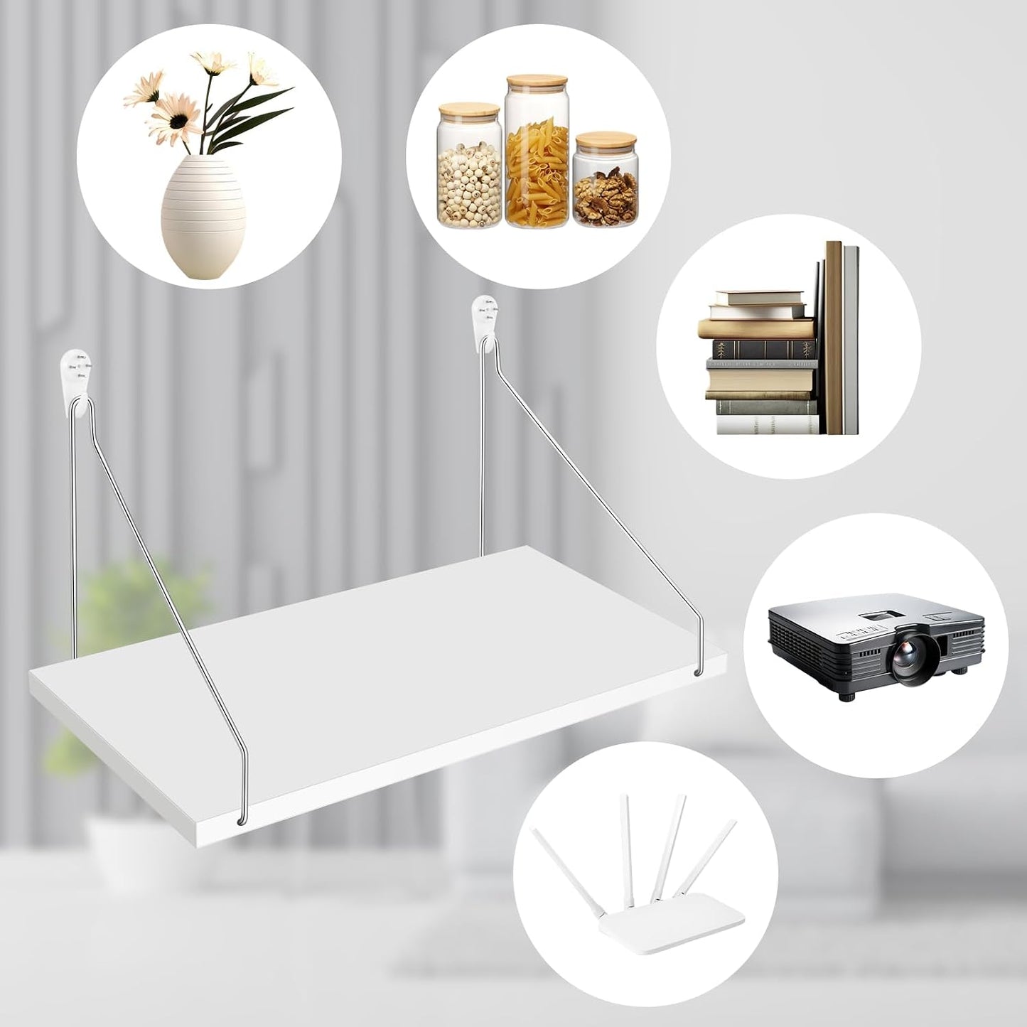 DERTE Projector Shelf for Wall 12x6 Inch Wall Mount Shelf Wood Floating Organizer Accessories for Projector Router Modem Cable Box in Kitchen Bathroom Office (White) BST202