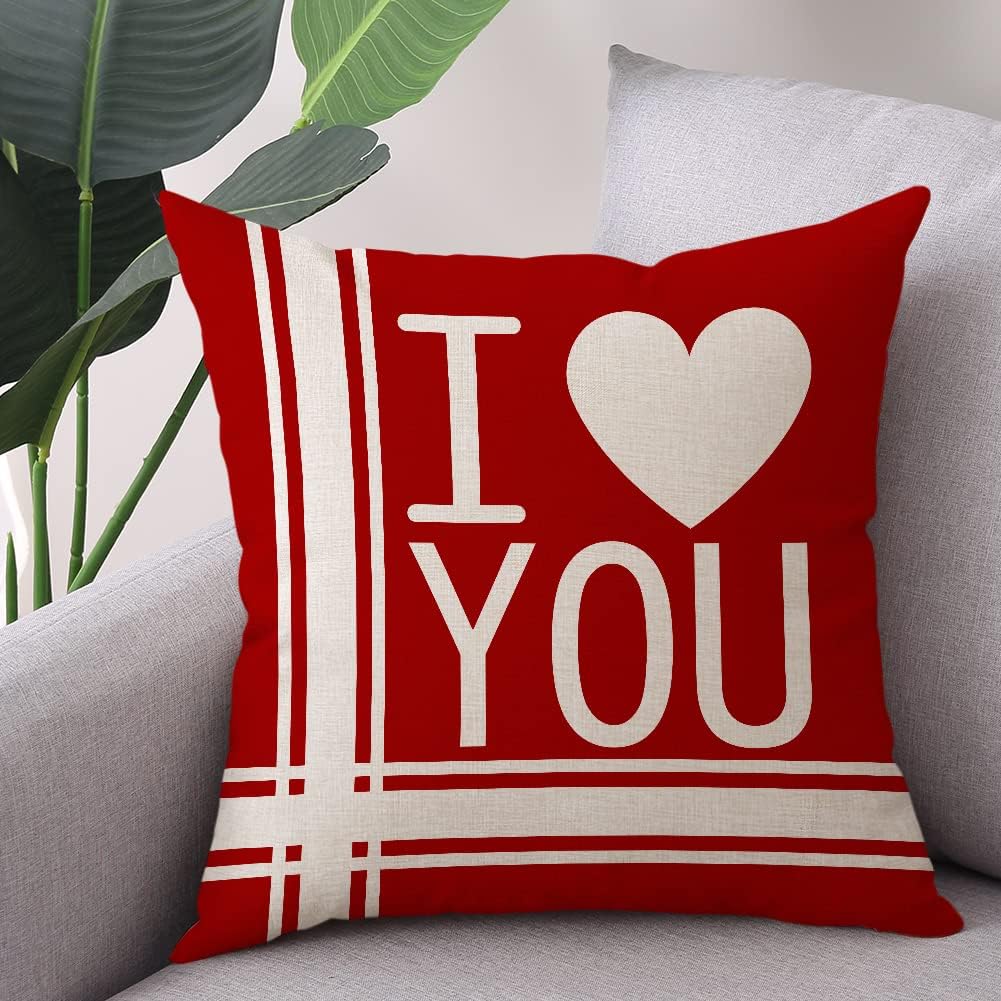 Valentines Day Pillow Covers 18x18 Set of 4 Polka Dot Love Heart Stripe Red Truck Linen Cushion Covers Square Valentine's Day Decoration Pillowcase for Sofa in-Outdoor Home Décor BST326L
