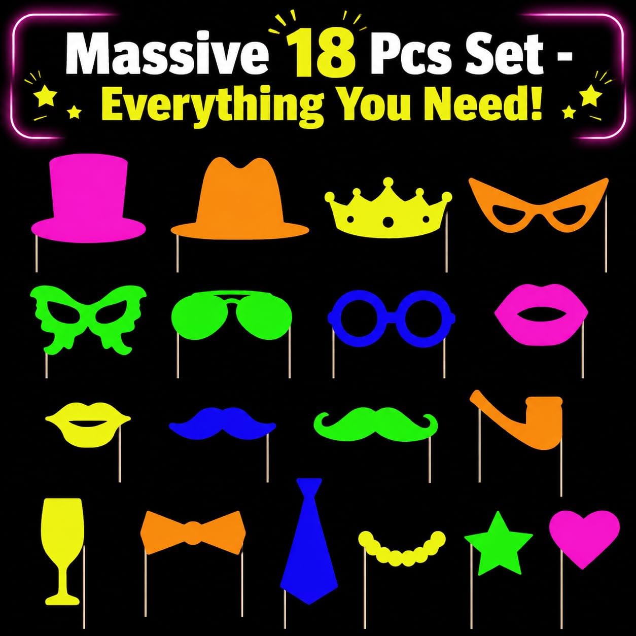 18 Pcs Neon Photo Booth Props for Kids, UV Black Light Fluorescent Selfie Posing Supplies, Let's Glow Crazy Party Decorations for Boys Girls Birthday, Sleepover, Teen Glow in the Dark Party Favors BST326L