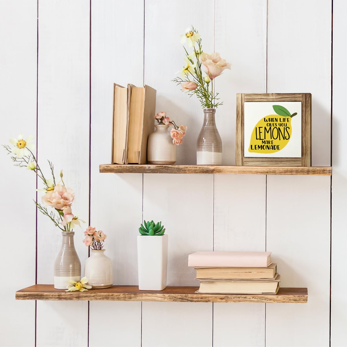 Inspirational Decor Signs, Lemon Summer Decoration, Positive Home Bar Decors, Rustic Kitchen Decors for Shelf, Wood Box Sign Desk Decor, When Life Gives You Lemons Make Lemonade Sign 5.9×5.9inches BST220