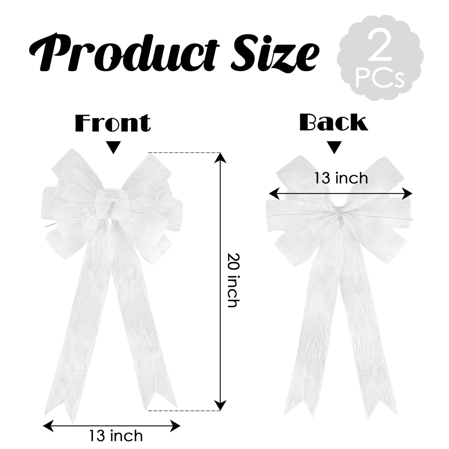 13" x 20'' White Lace Bows Wired Edge Valentine Tree Topper Bow, Glitter Bow Party Decorations, Premade Metallic Bows with Twist Tie, Large Gift Bow for Outdoor Wreath, Wedding-2 PCs BST220