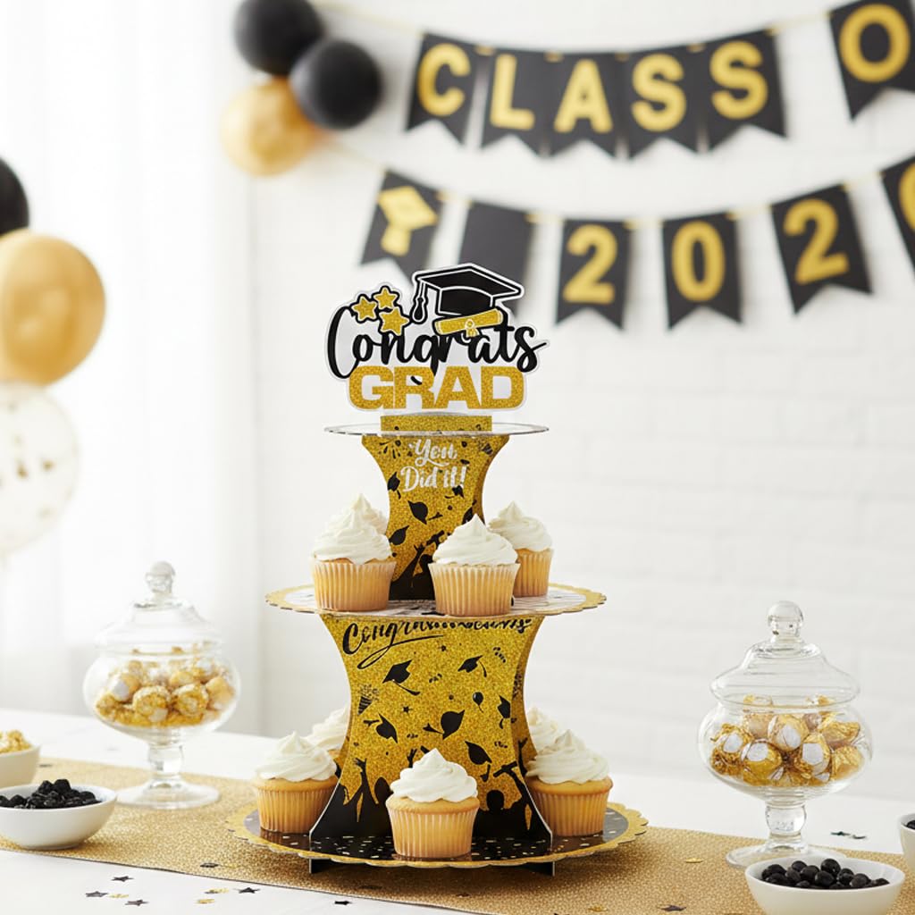 Graduation Cupcake Stand Decoration, 3 Tier Congrats Grad Party Cupcake Holder Tower, Cardboard Grad Theme Dessert Cookies Stand for Graduation Party Supplies Favors (Black & Gold) BST220