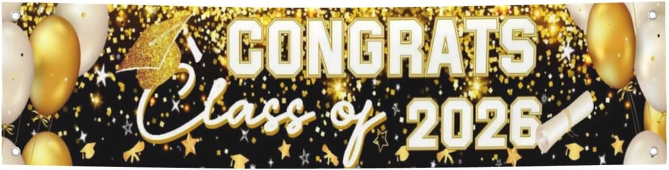 Graduation Decorations 2026 Grad Banner Backdrop Class of 2026 Graduation Party Supplies Gold BST202