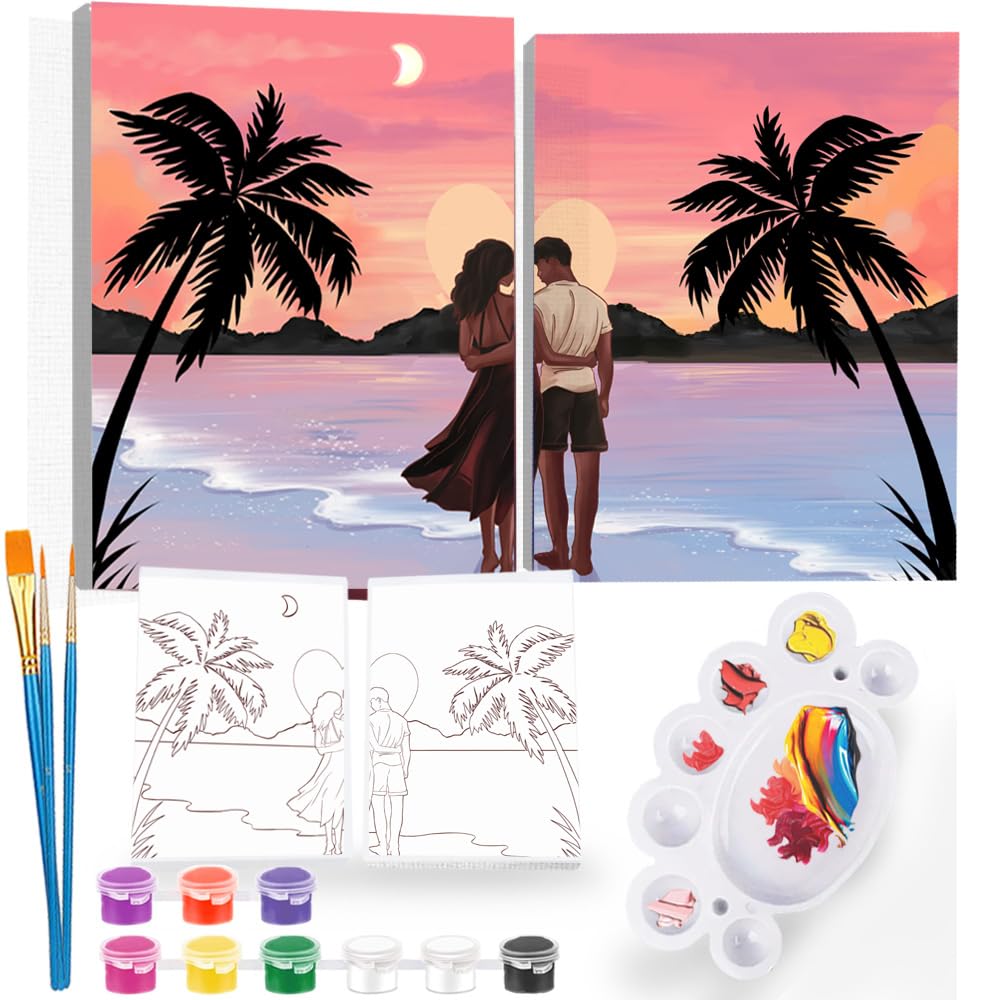 2Pcs Sip and Paint Kit for Adults,Valentines Couple Painting Kit Supplies Canvas, Pre Drawn Canvas to Paint for Date Night for Couples DIY Acrylic Painting Kits Party Favor 8×10 WN420