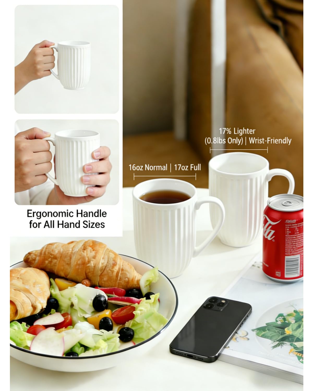 HASENSE Textured Large Coffee Mugs Set of 4, 16 Oz Ribbed Ceramic Cups with Large Handle for Latte Tea Cappuccino, Stackable Embossed Mug Set for Mom Dad, Microwave Dishwasher Safe, Creamy White BST220