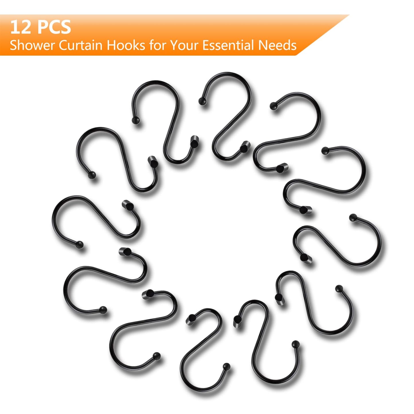 Black Shower Curtain Hooks S Hooks for Hanging Shower Hooks 12 Pack Metal Rustproof Rings with T-Bar Design, Elegant & Durable, Easy to Install for Bathroom, Kitchen, or Wardrobe Rods Curtain Rings BST220
