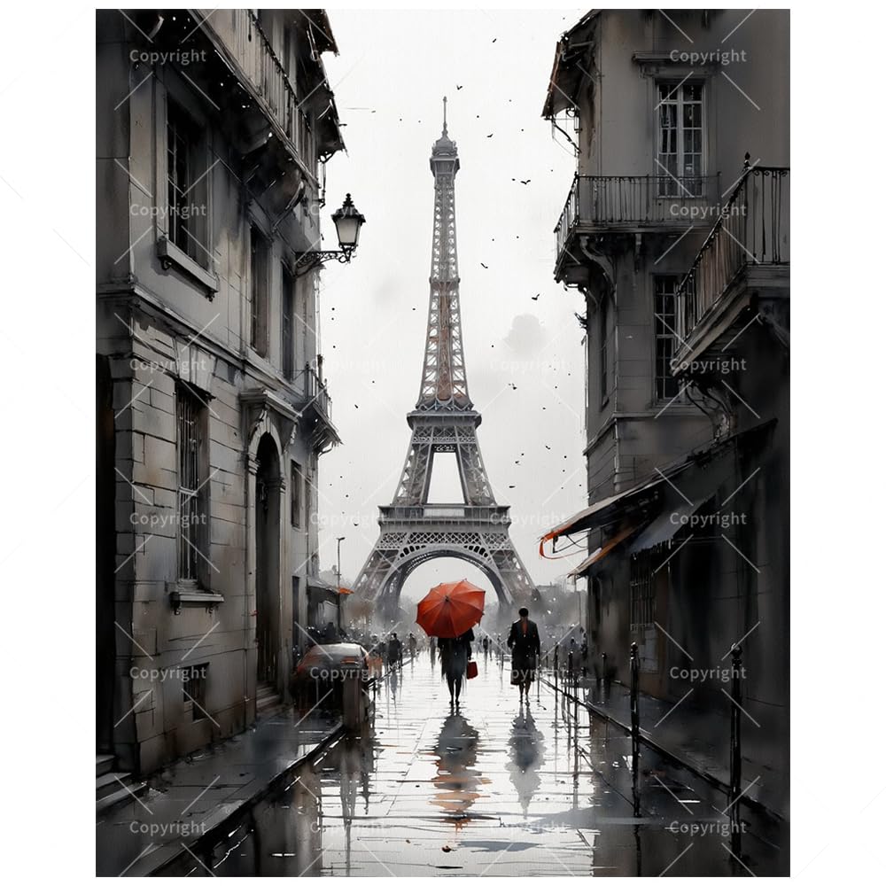 City Street Paint by Numbers Kit for Adults - DIY Eiffel Tower with Red Umbrella in Paris Painting on Canvas 16x20 Inches, Acrylic Paint Set, Suitable for Beginners,Travel Art for Decoration BST326H