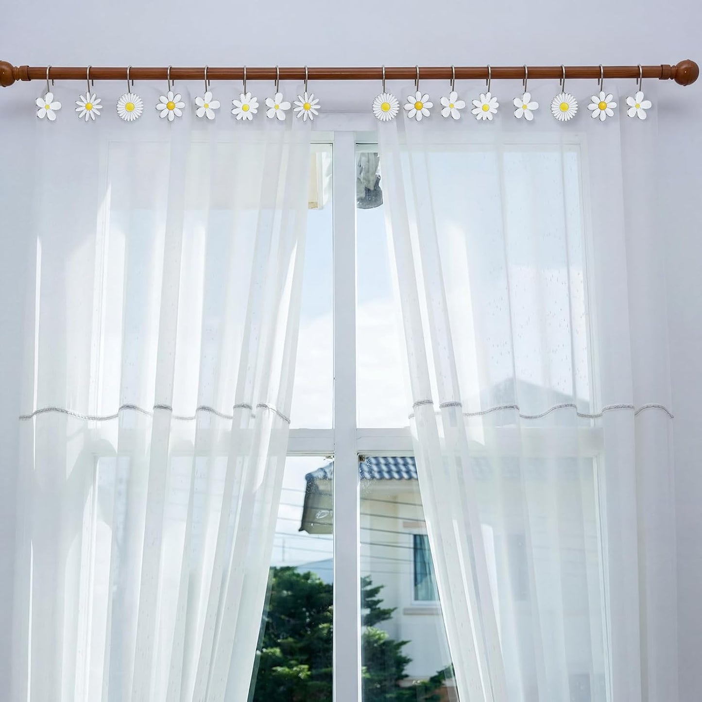 LEIFIDE 12 Pcs Spring Summer Metal Sunflower Shower Curtain Hooks SunflowerFlower Shower Curtain Hooks Floral Decorative Curtains Hangers Rings for Gifts Living Room Bathroom Decor BST326L