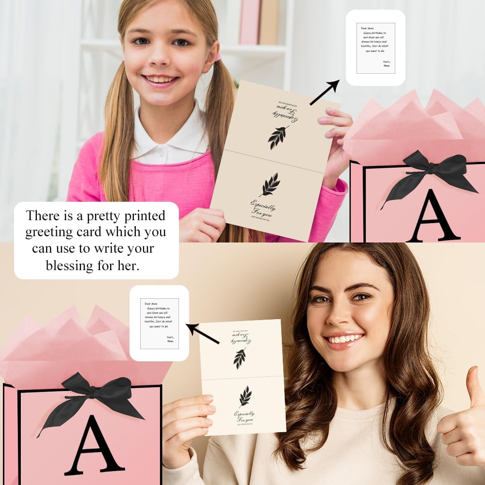 Eaureum Personalized Initial A Gift Bags for Girls Women, 13" Pink Initial A Gift Bags for Birthday Wedding Holidays Party Decorations for Her Girls Women Daughter Granddaughter Friends Wife BST326L
