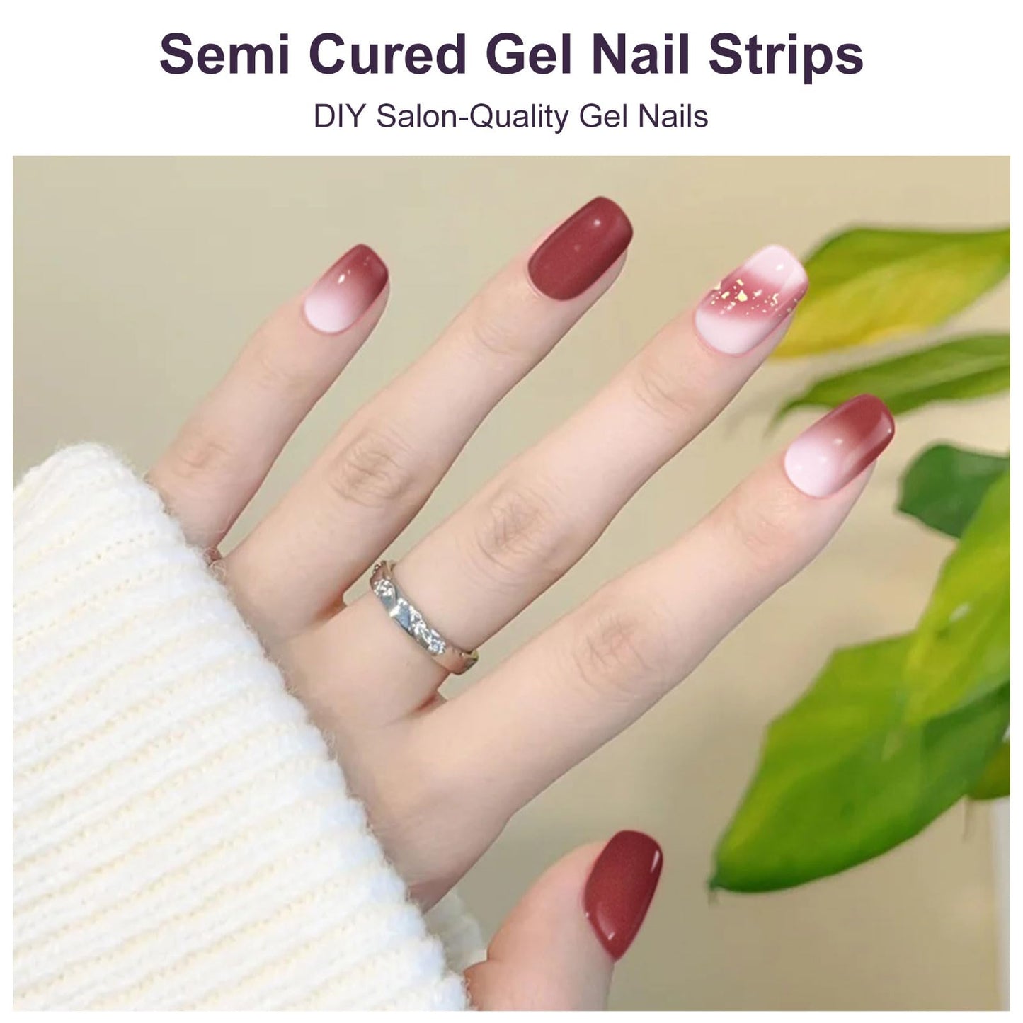 Semi Cured Gel Nail Strips, 56Pcs Nail Art Stickers/Wraps, Long Lasting UV Nail Polish Strips for Adults (Silver Rhinestones+French Tip Glitter) BST220