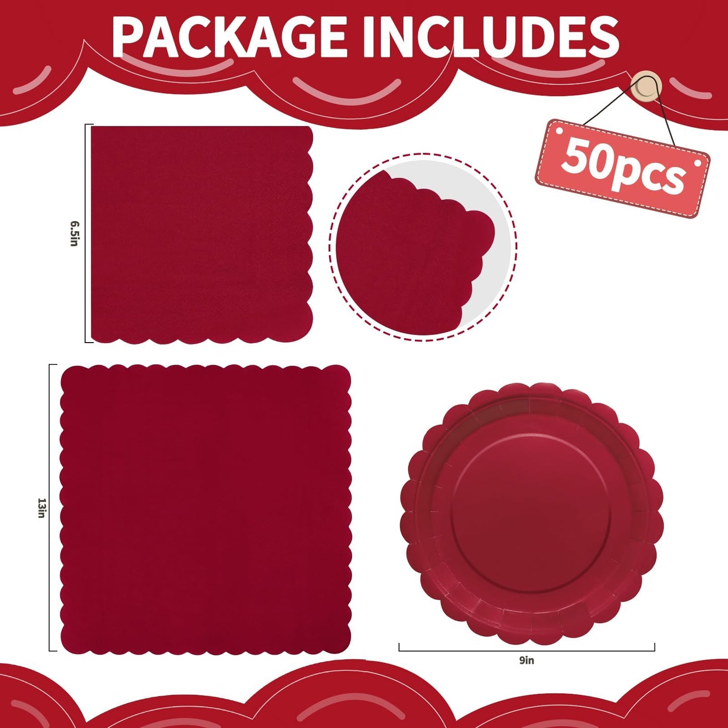 100 Pcs White Paper Plates and Napkins, 50 Pcs Guest White Party Supplies Including Scalloped Plates and Napkins for Independence Day Weddings, Parties BST326L