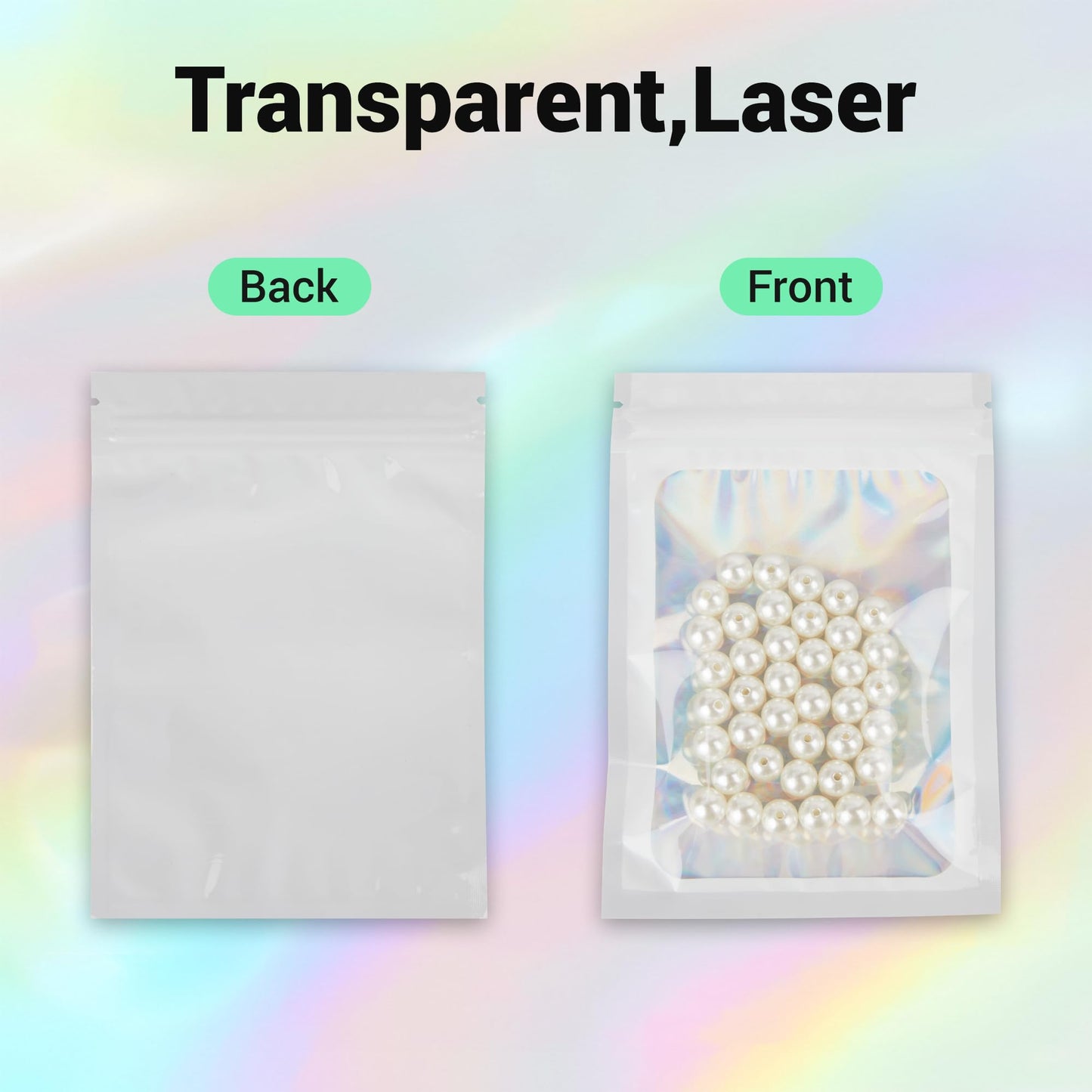 Holographic Mylar bags -100Pcs Self-Seal Resealable Zip Baggies with Clear Window, Smell Proof Laser Iridescent White 3x4.7 inch for Small Business Samples, Party favors,Snacks,Jewelry BST326L