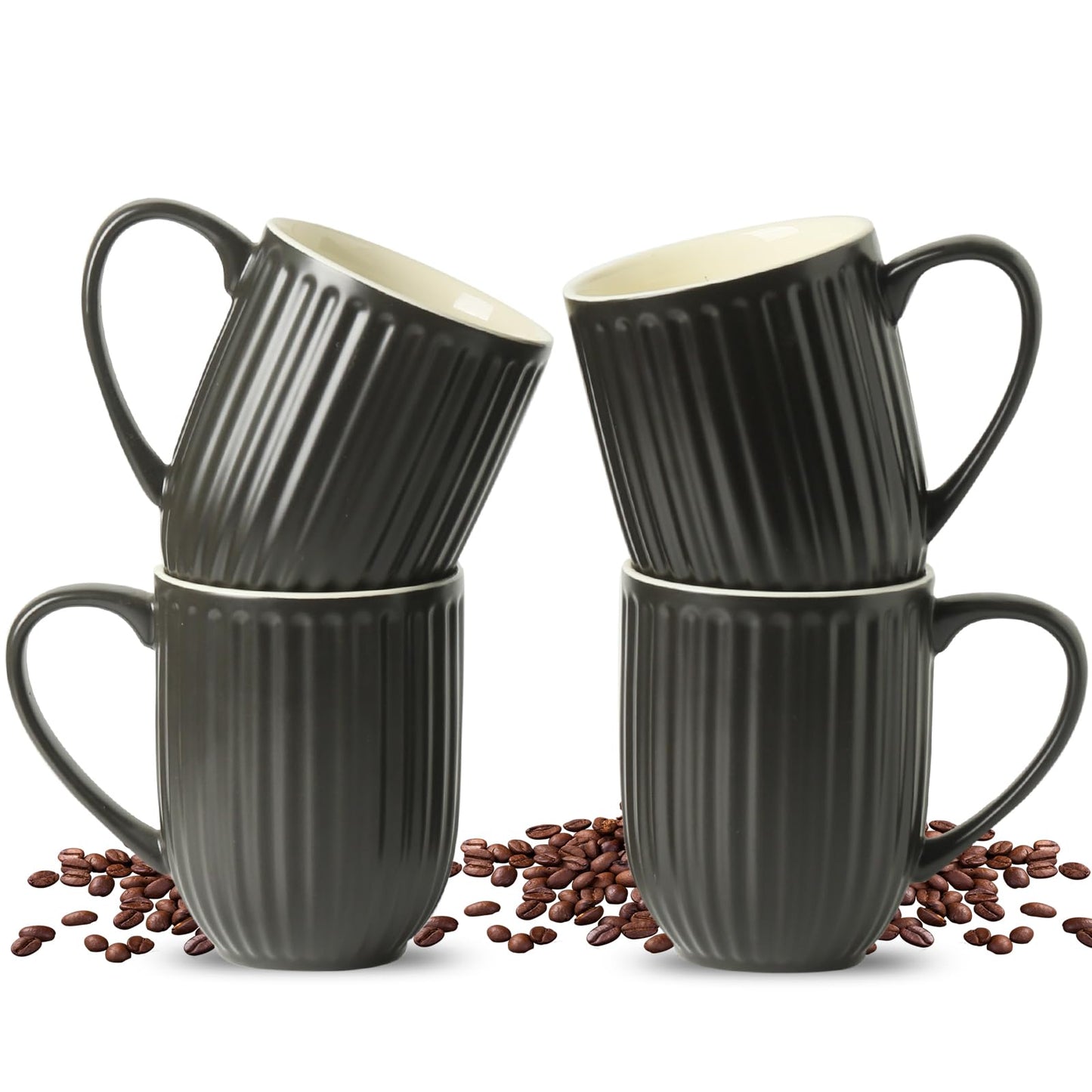 HASENSE Textured Large Coffee Mugs Set of 4, 16 Oz Ribbed Ceramic Cups with Large Handle for Latte Tea Cappuccino, Stackable Embossed Mug Set for Mom Dad, Microwave Dishwasher Safe, Creamy White BST220