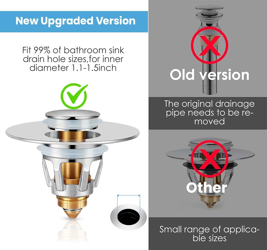 Universal Bathroom Sink Stopper | Pop Up Bathroom Sink Drain Strainer Plug for 1.06"-1.96" Basin Drain Holes | Rust-Proof Stainless Steel Sink Drain Stopper WN420