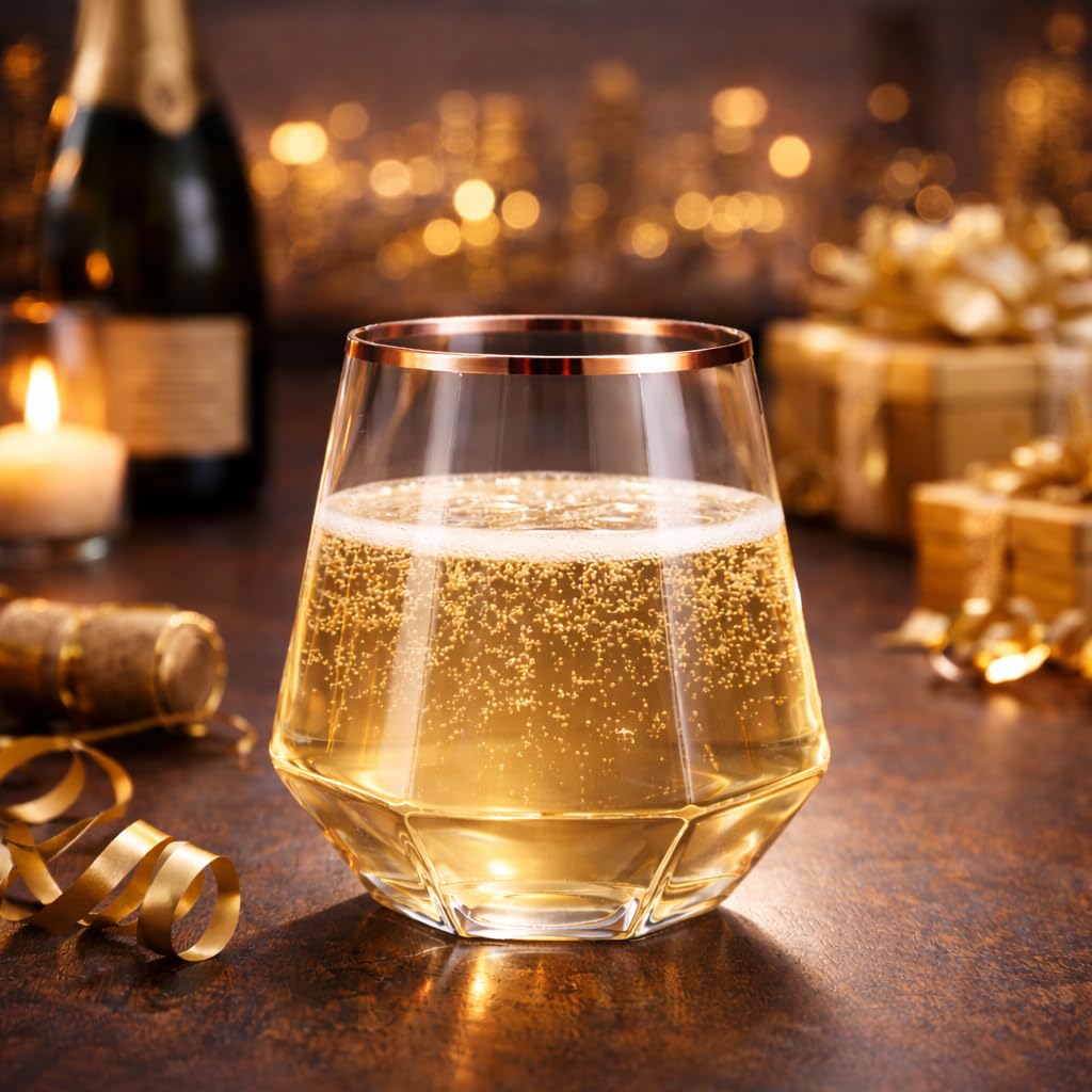 Oojami 40 Pack Diamond Disposable Plastic Wine Glasses 12oz for Parties | Stemless Wine Cups, Champagne Cocktail Whiskey - Shatterproof Unbreakable Reusable Recyclable BPA-Free, Weddings Birthday BST220