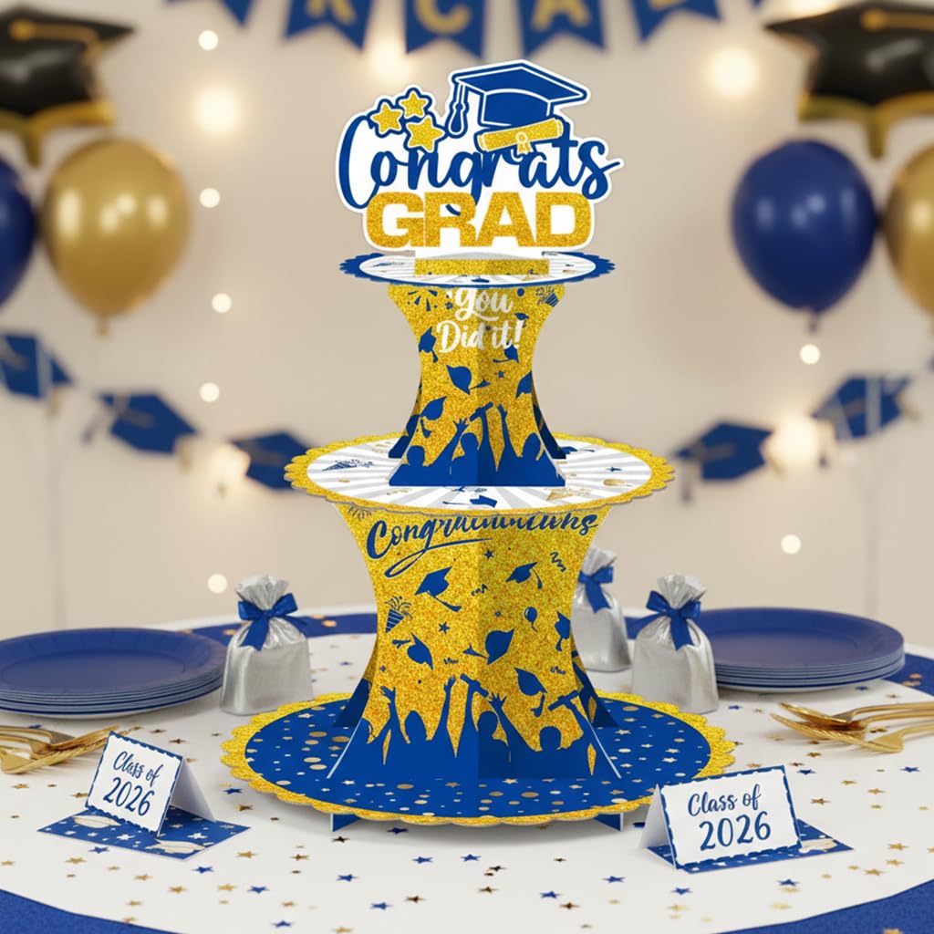 Graduation Cupcake Stand Decoration, 3 Tier Congrats Grad Party Cupcake Holder Tower, Cardboard Grad Theme Dessert Cookies Stand for Graduation Party Supplies Favors (Black & Gold) BST220