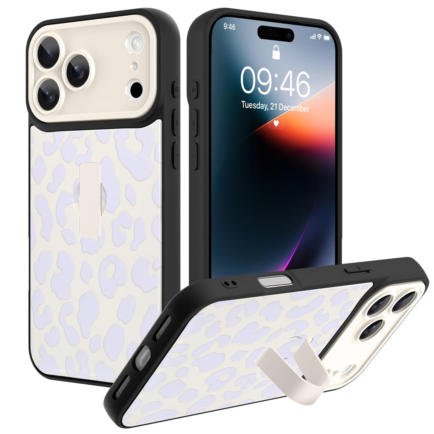 Compatible with iPhone 13 Case, Cute Cheetah Leopard Pattern | Built in Adjustable Wrist Strap Grip Hand Holder Stand Shockproof Kickstand Cover for Women Girls (Black White) WN420