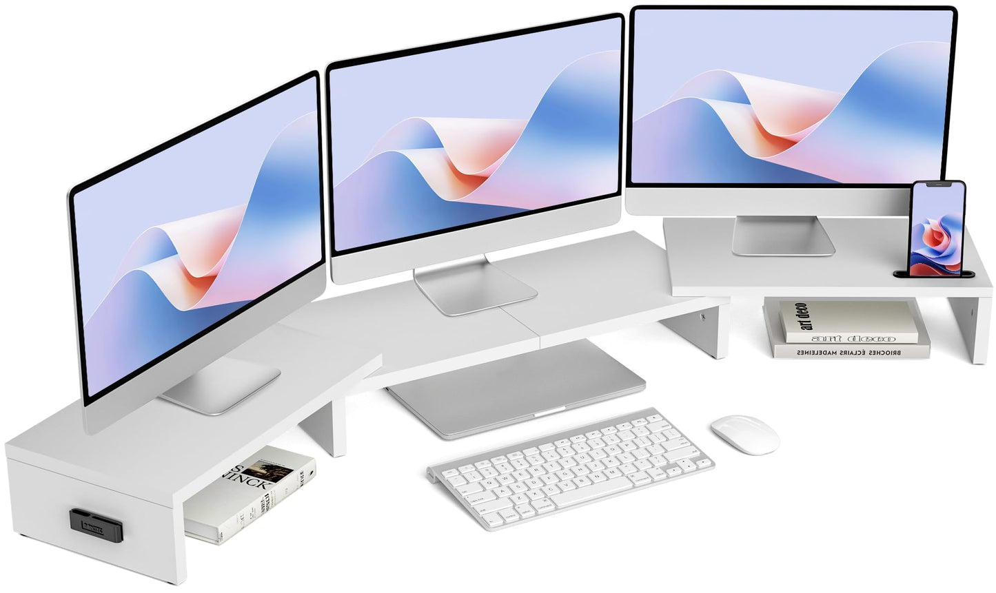 BONTEC Dual Monitor Stand Riser, Adjustable Length & Swivel Angle, Pink | Ergonomic Wooden Desktop Organizer with Smartphone Holder, Computer Monitor Stand for PC, Laptop, Printer and Large Storage BST202