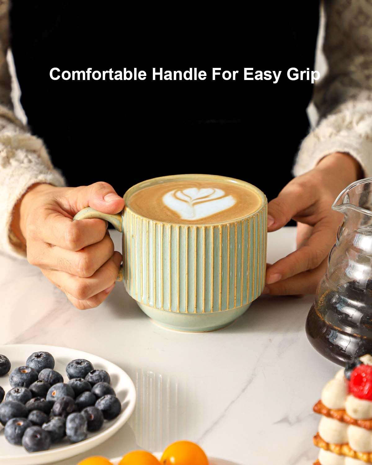 HASENSE 15 oz Ribbed Stackable Coffee Mug Set of 4, Porcelain Latte Cups with Metal Rack, Dishwasher & Microwave Safe, Cappuccino Tea Hot Cocoa, White BST220