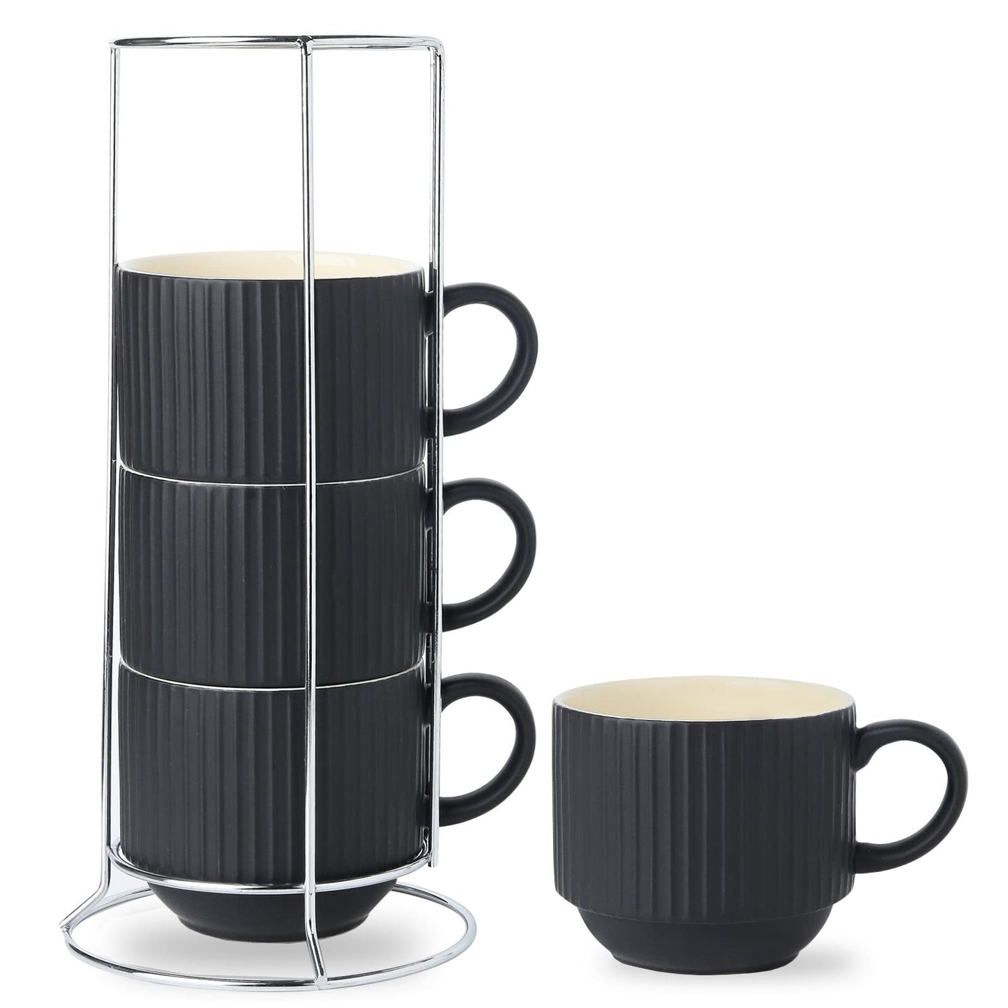 HASENSE 15 oz Ribbed Stackable Coffee Mug Set of 4, Porcelain Latte Cups with Metal Rack, Dishwasher & Microwave Safe, Cappuccino Tea Hot Cocoa, White BST220