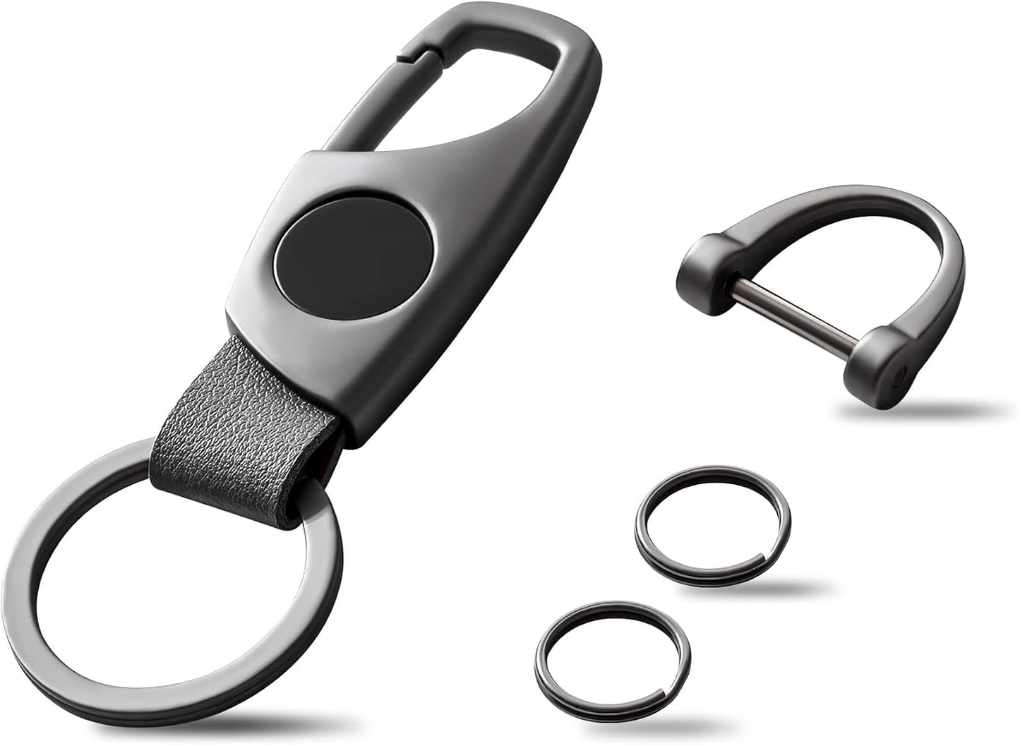 Gkeygo Carabiner Keychain, Key Chains for Car Key with 2 Key Rings and Anti-Lost D-Ring, Multifunctional Keychains for Men and Women – Grey(Grey Leather) WN420