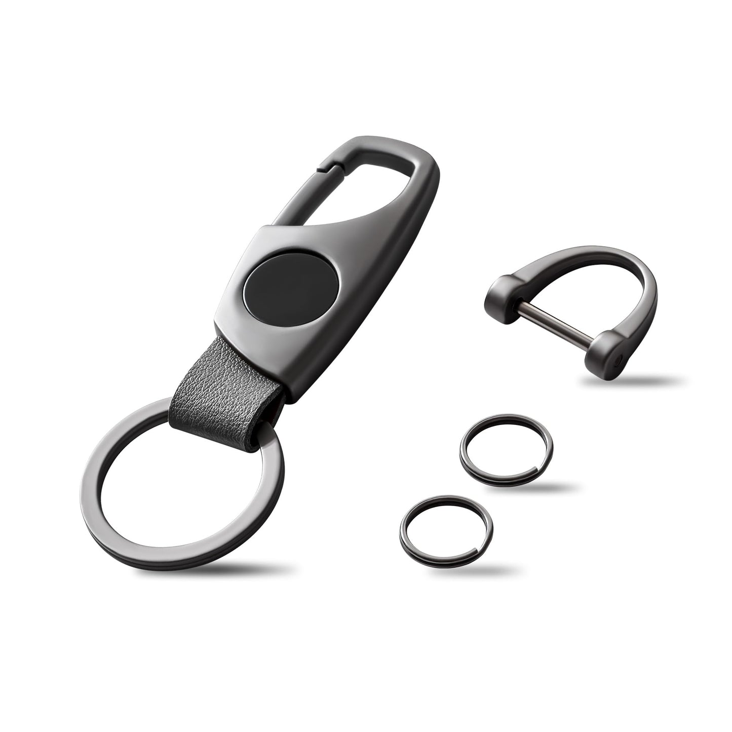 Gkeygo Carabiner Keychain, Key Chains for Car Key with 2 Key Rings and Anti-Lost D-Ring, Multifunctional Keychains for Men and Women – Grey(Grey Leather) WN420