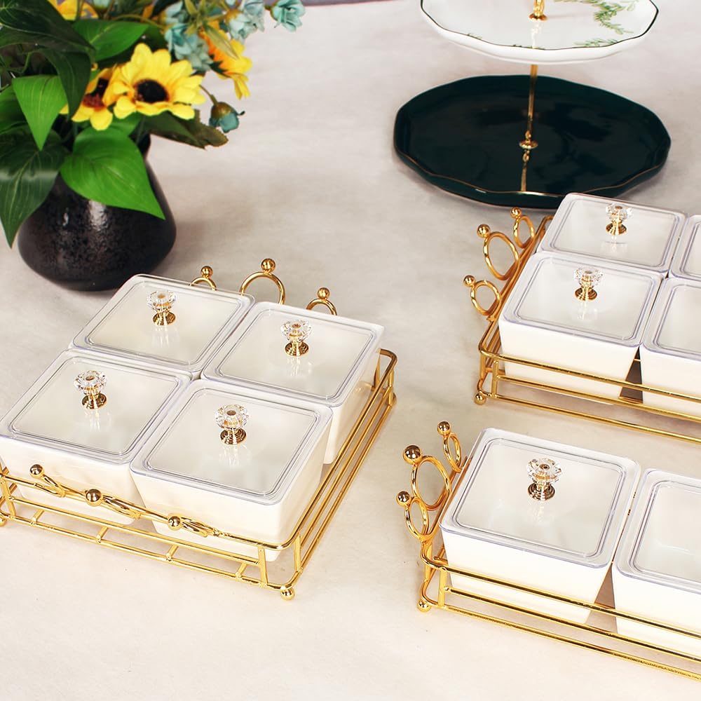 YA JU Ceramic Bowls and with Lid Gold Basket Trays, 4 Removable Small Bowls Condiment Trays Nut Serving Set for Snacks, Fruits, Candy and Condiments - Great for Parties, Holiday Gifts,White BST202