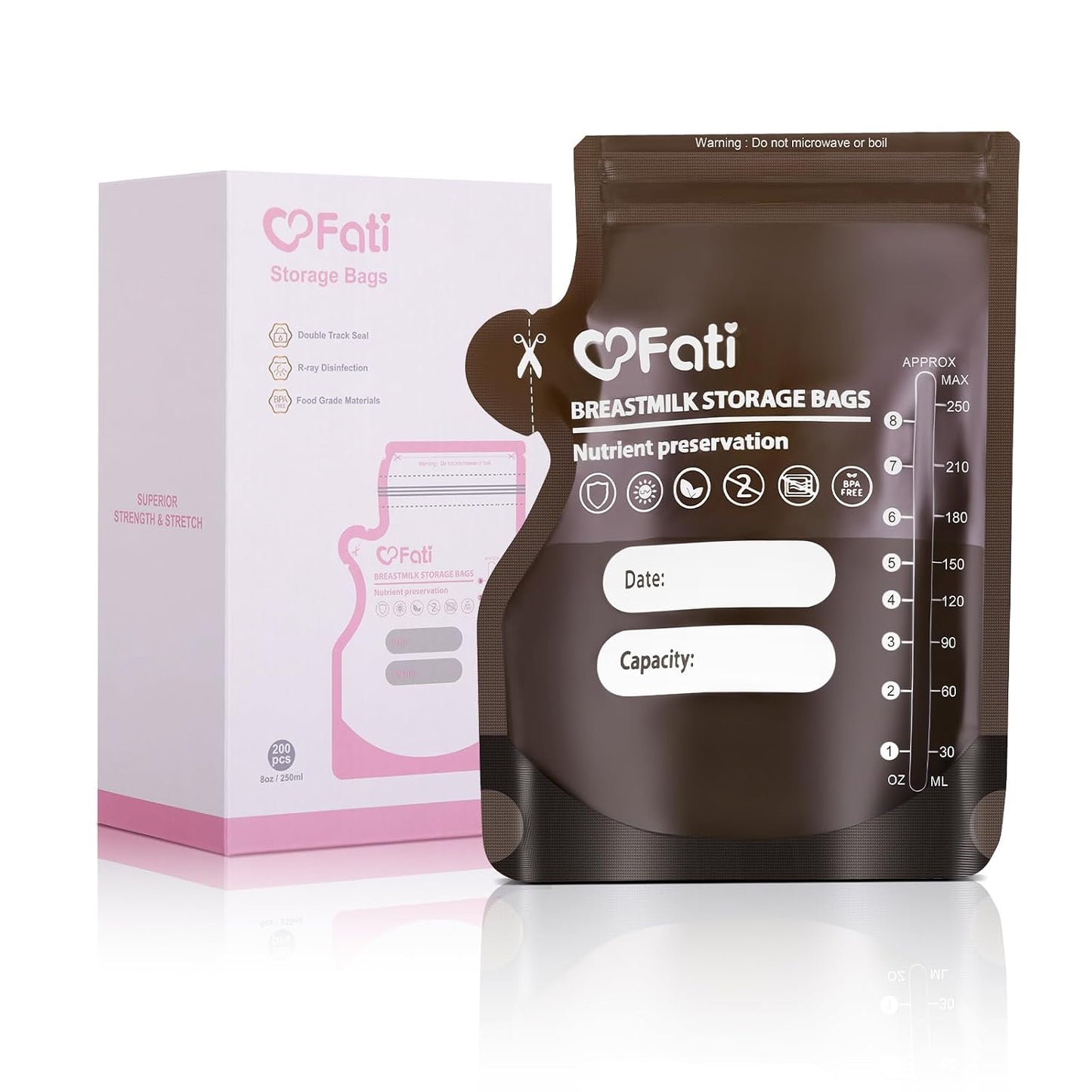 FATI Breastmilk Storage Bags-200 Pcs, 8Oz Blackout Breast Milk Storing Bag with Pour Spout for Baby Bottle Feeding/Breast Pump, No-Leak Milk Freezer Storage Pouches Self-Standing, Baby Essentials WN420