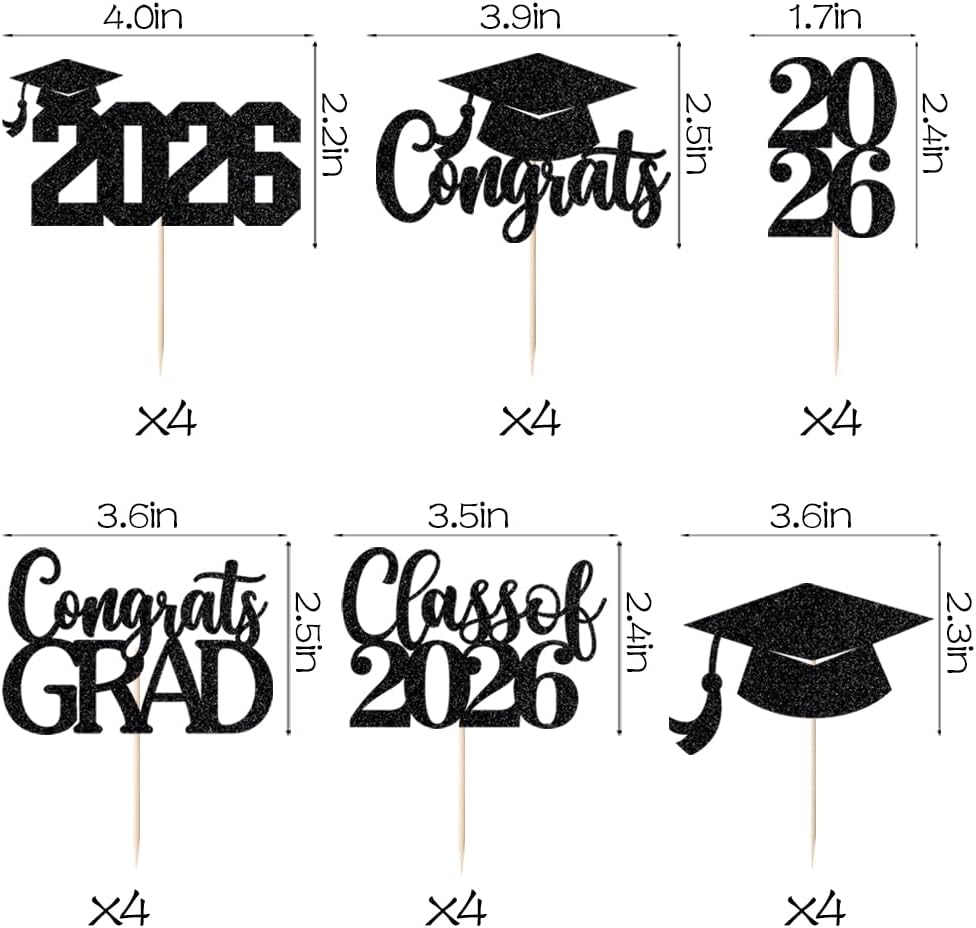 24Pcs Graduation Cupcake Topper, Glitter Class of 2026 Cupcake Topper Supplies for 2026 Congrats Grad Cap Diploma Cake Decor Graduate Celebration Party Cake Decorations Supplies (Black - 24) BST326L
