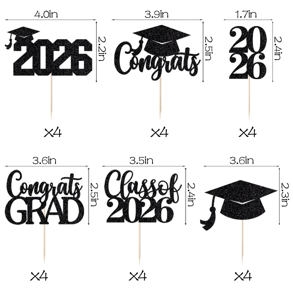 24Pcs Graduation Cupcake Topper, Glitter Class of 2026 Cupcake Topper Supplies for 2026 Congrats Grad Cap Diploma Cake Decor Graduate Celebration Party Cake Decorations Supplies (Black - 24) BST326L