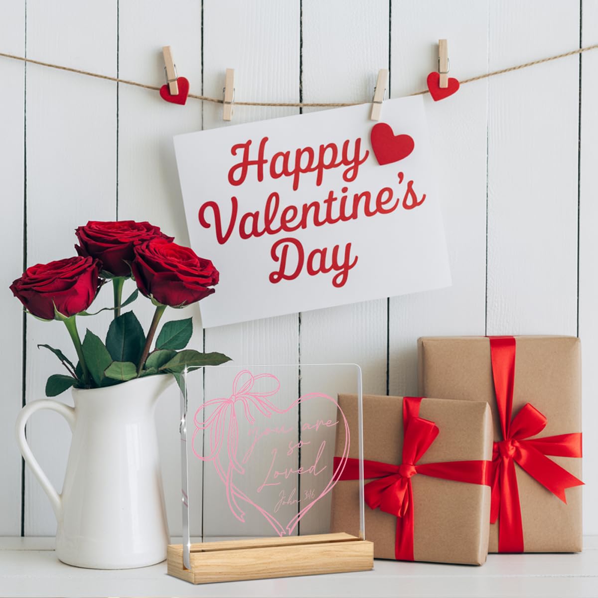 Valentines Day Decorations, Valentines Day Gifts for Her Him, Gift for Boyfriend Girlfriend Husband Wife, John 3:16 Pink Lover Bow Christian Acrylic Sign with Wooden Stand, Bedroom Office Desk Decor