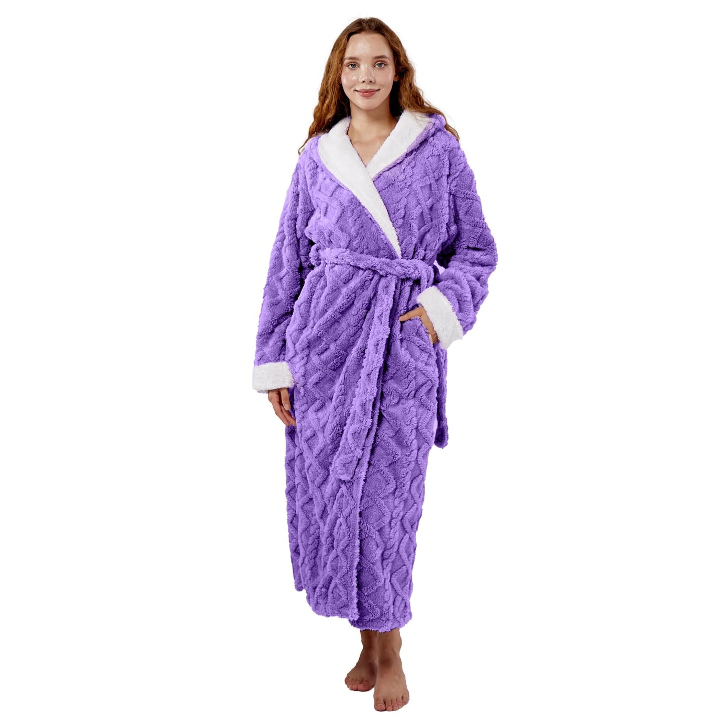 LKG women's robes long plush hooded ladies shower luxury christmas warm fuzzy robes house coat bathrobe for women full length WN420