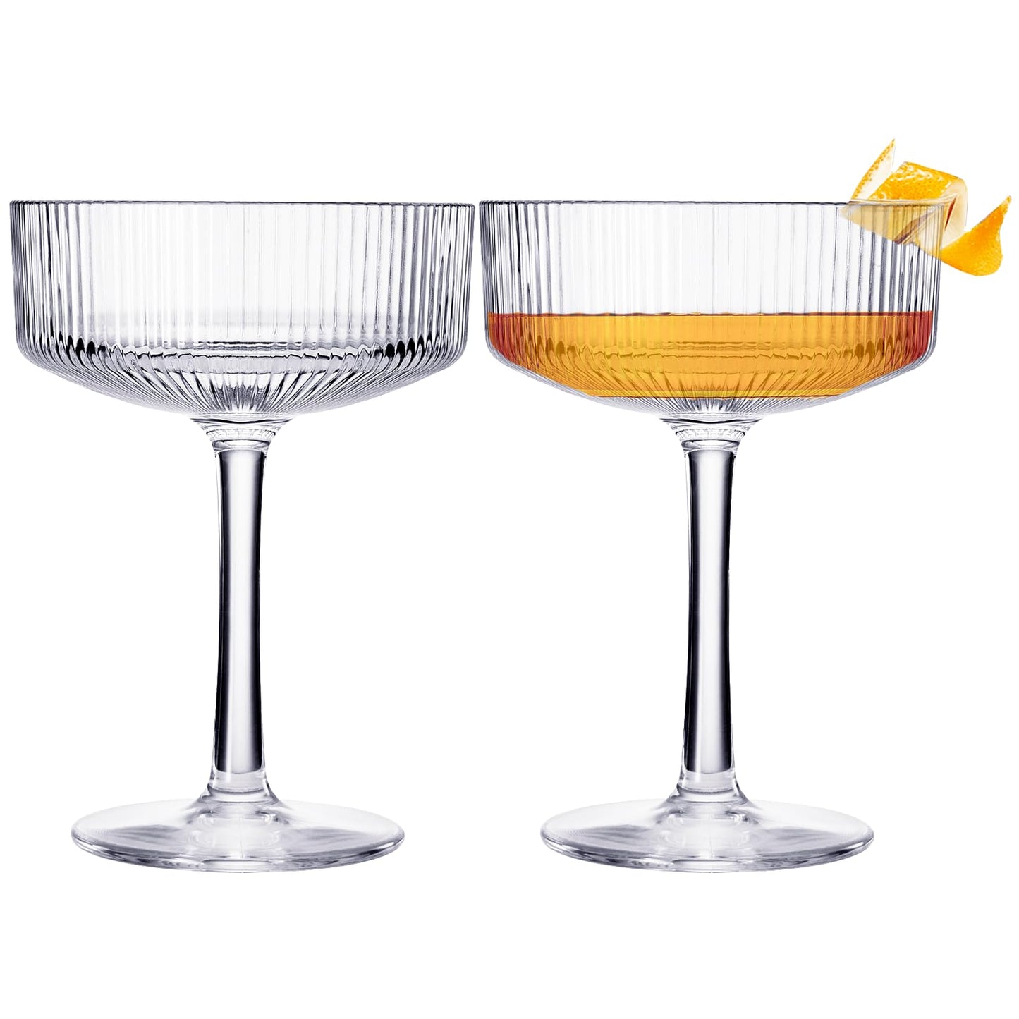 Khen Pink Peach Acrylic Ribbed Coupe Martini Champagne Cocktail Glasses, Set of 4, 8 oz Shatterproof Ripple Stemware European Style Reusable Drinkware Goblets, Indoor Outdoor Parties Weddings Bar Gift BST220