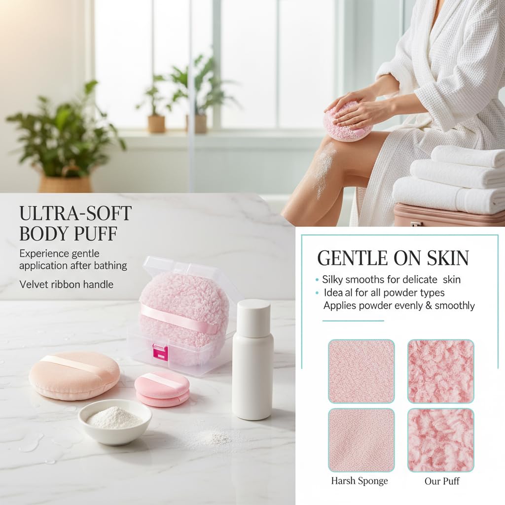 4-Pack Powder Puff and Container, 3 Sizes Makeup Puff Set Includes 6" Body Powder Brush & Face Puffs (13cm & 7.5cm), Soft Dusting Puffs for Women WN420