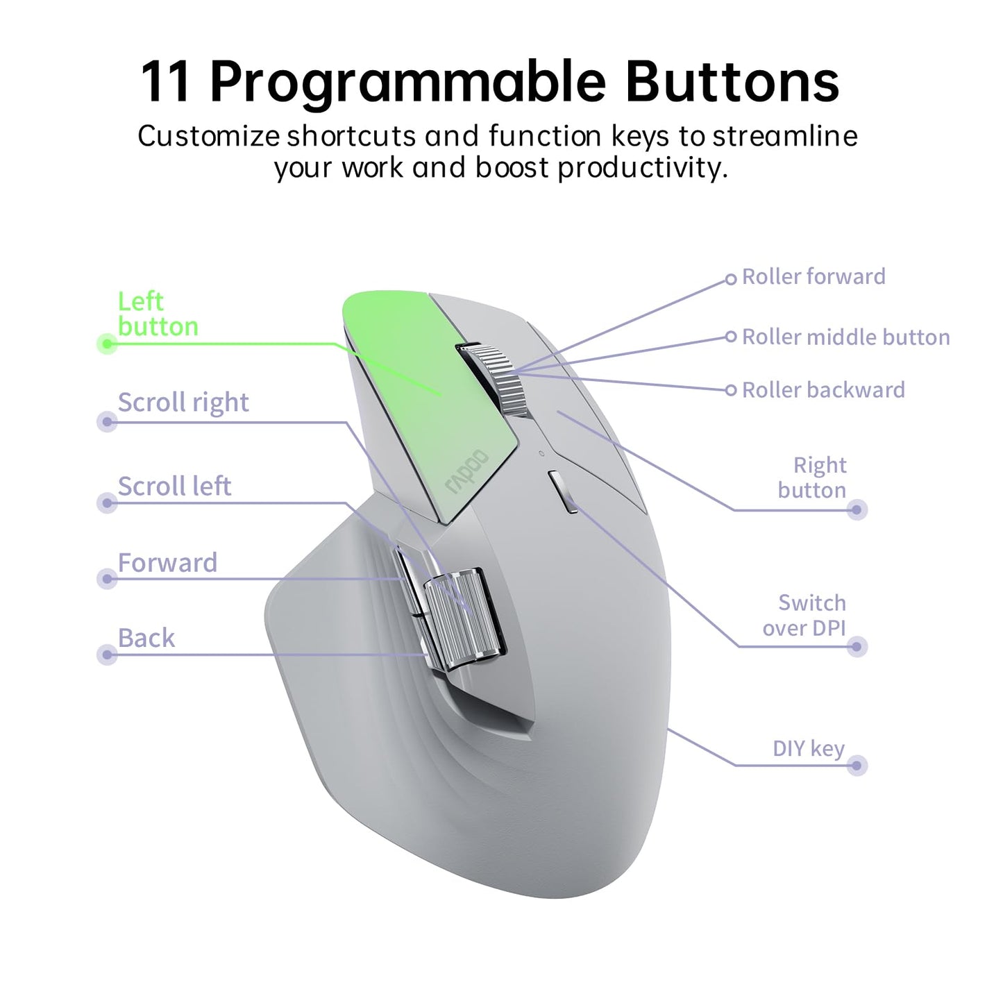 Rapoo MT760 Multi-Device Wireless Mouse, Bluetooth 5.0 and 2.4G Multi-Mode Connection, Up to 4 Devices, 11 Programmable Buttons, 4K DPI, 90 Days Battery Life, PC, Light Grey