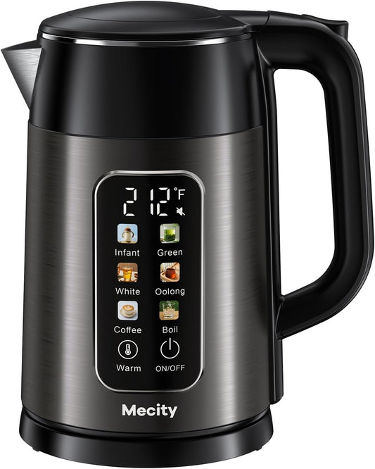 Mecity Electric Kettle 1.7L Touch Screen Temperature Control Water Boiler, No Plastic Contact with Water. 6 Preset Temperature Programs, 2 Hours Keep Warm, Auto Shut Off, Dark Grey DD1210
