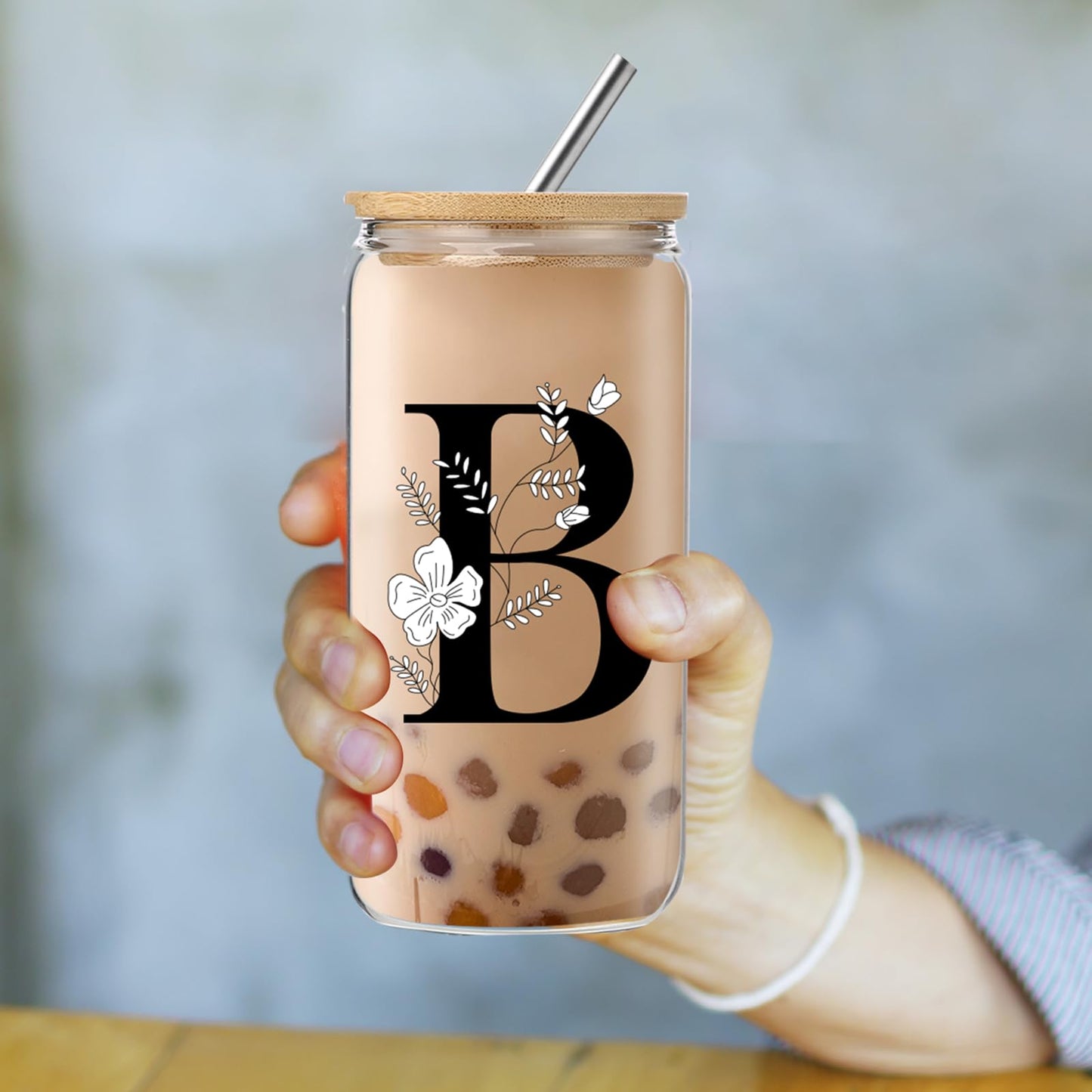 Monogrammed Initial Glass Cup with Lids and Straws gift for Women | Personalized Gift Set with Doll, 16 Oz Ice Coffee Cup ,reusable glass tumbler,Birthday Christmas Gift for Her,U WN420