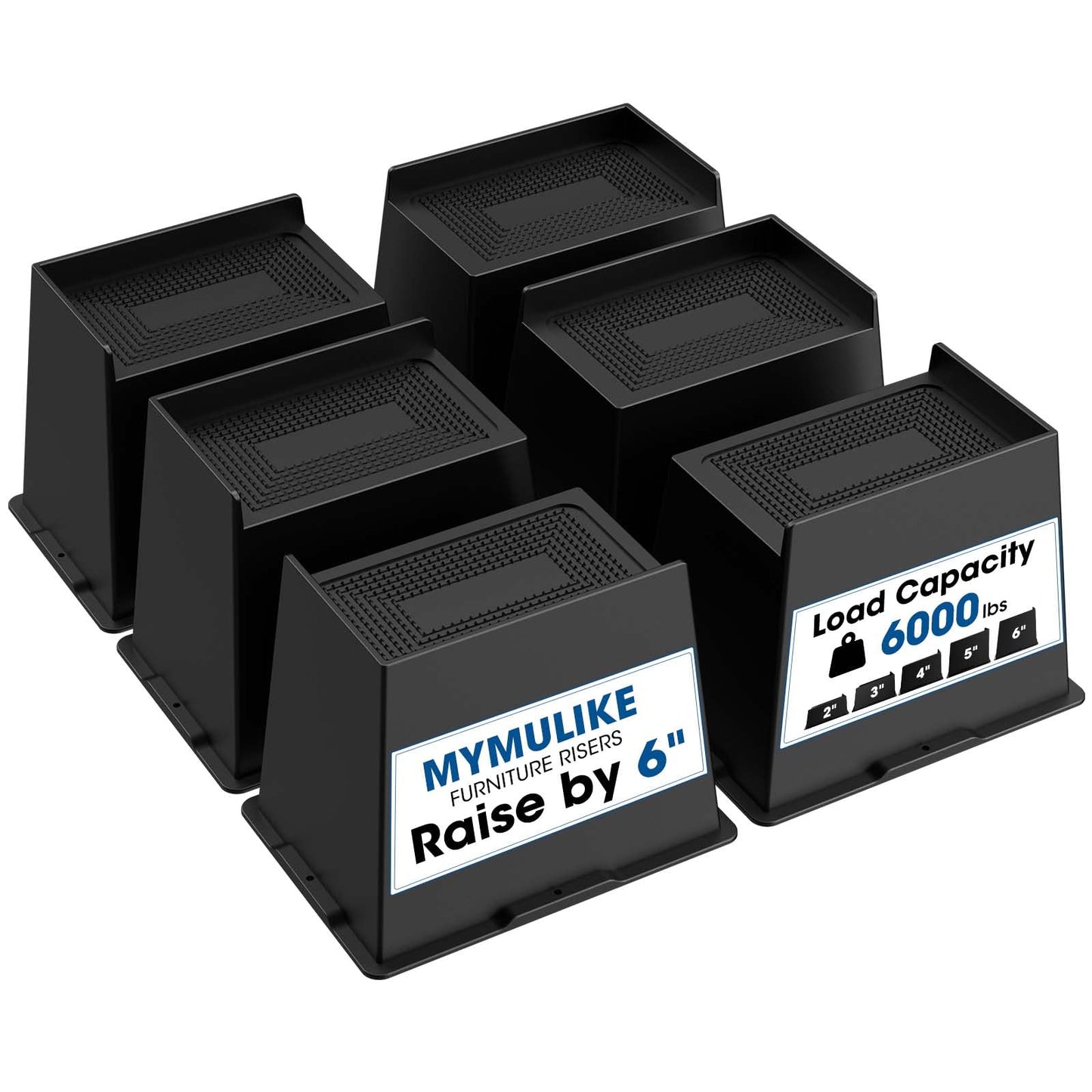 MYMULIKE Bed Risers 5 Inch Heavy Duty, Oversized Furnitures Risers 5 inch Support 6000 lbs, Bed Table Rising Blocks, Fits for Couch, Sofa, Chair, Furniture Lifts (Black 6 Pack) BST202