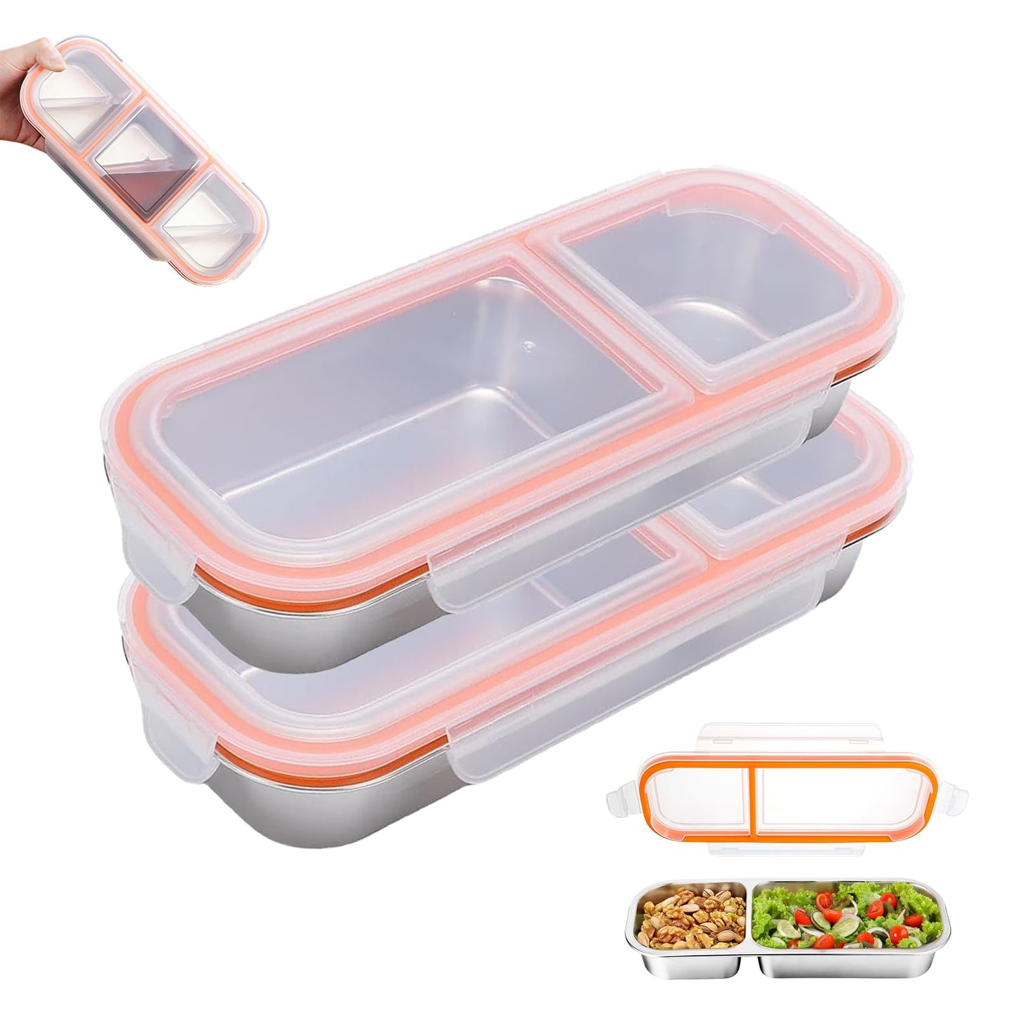 Reusable Stainless Steel Snack Containers with Lids – 10.3" x 4" 3 Compartment Snackle Box, Leak-Proof Metal Snack Containers for Kids & Adults, Divided Food Storage Box (2 Compartment 2 Pack) BST220